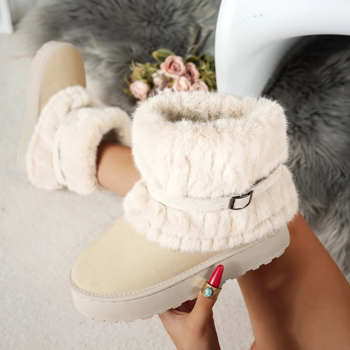 Women Thick Sole Faux Fur Snow Boots Winter Warm Thick Plush Cotton Shoes Woman Comfortanle Non Slip Platform Ankle Botas Mujer