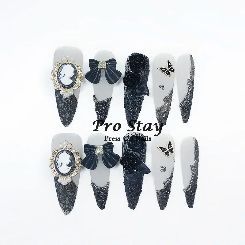 10pcs black Handmade Press On Nails With Purple Large Diamonds and Metal Decoration Y2k Hot Girls Wearable Artificial False Nail