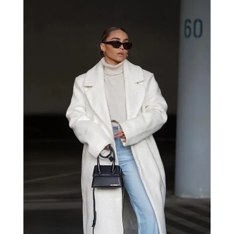 Women's Knee-High Coat with Plush Buckle, Long-Sleeved Lapel, Warm, European and American, Autumn and Winter