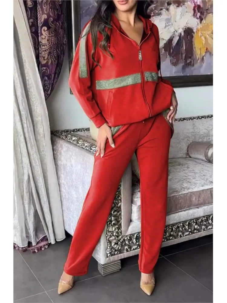 Autumn Winter Long Sleeved Hoodie Pants Women 2 Piece Set Fashion Patchwork Zipper Hoodie Casual Pocket Pants Sports Suit Female