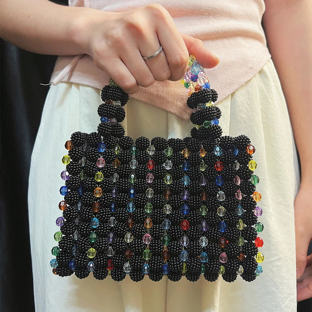 Handwoven pearl bag, beaded bag, bayberry ball, black handbag, female