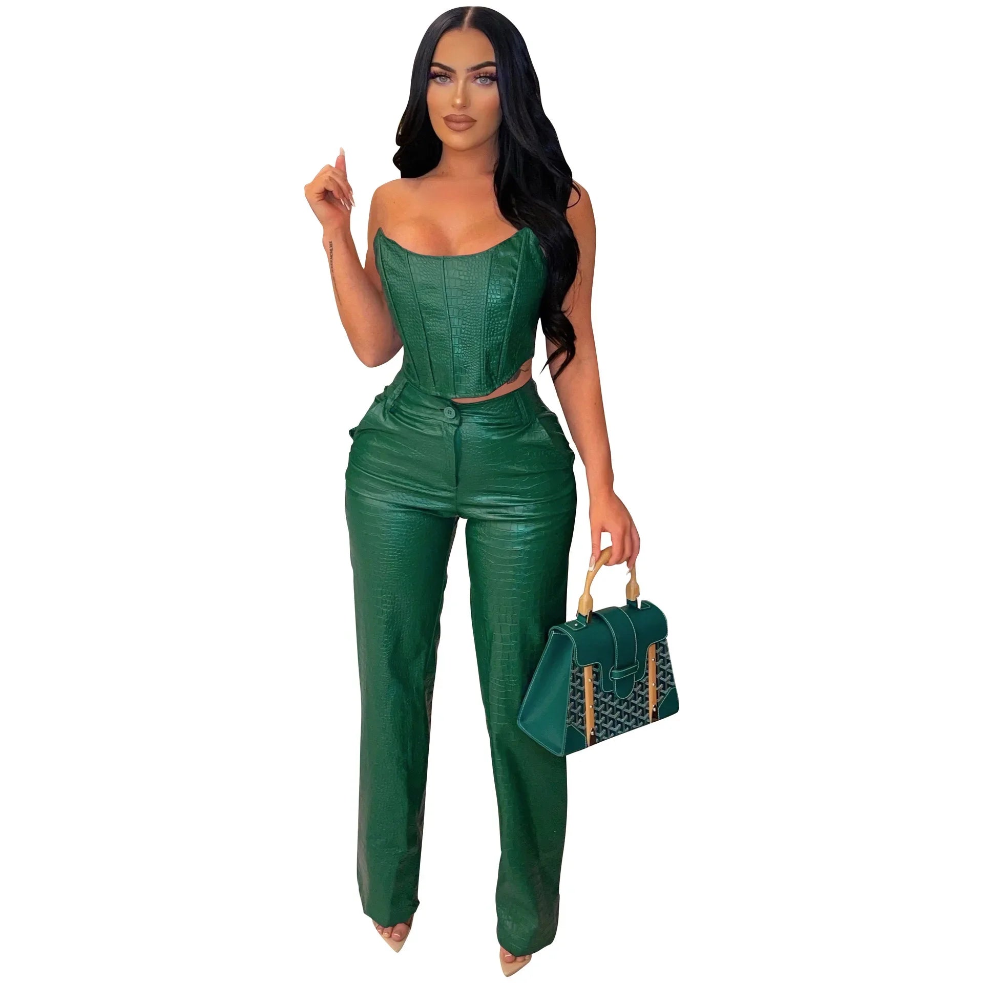 PU Leather 2 Piece Sets Women Outfit 2024 Sleeveless Tube Strapless Crop Top and Wide Leg Pants Suit Birthday Night Club Outfits