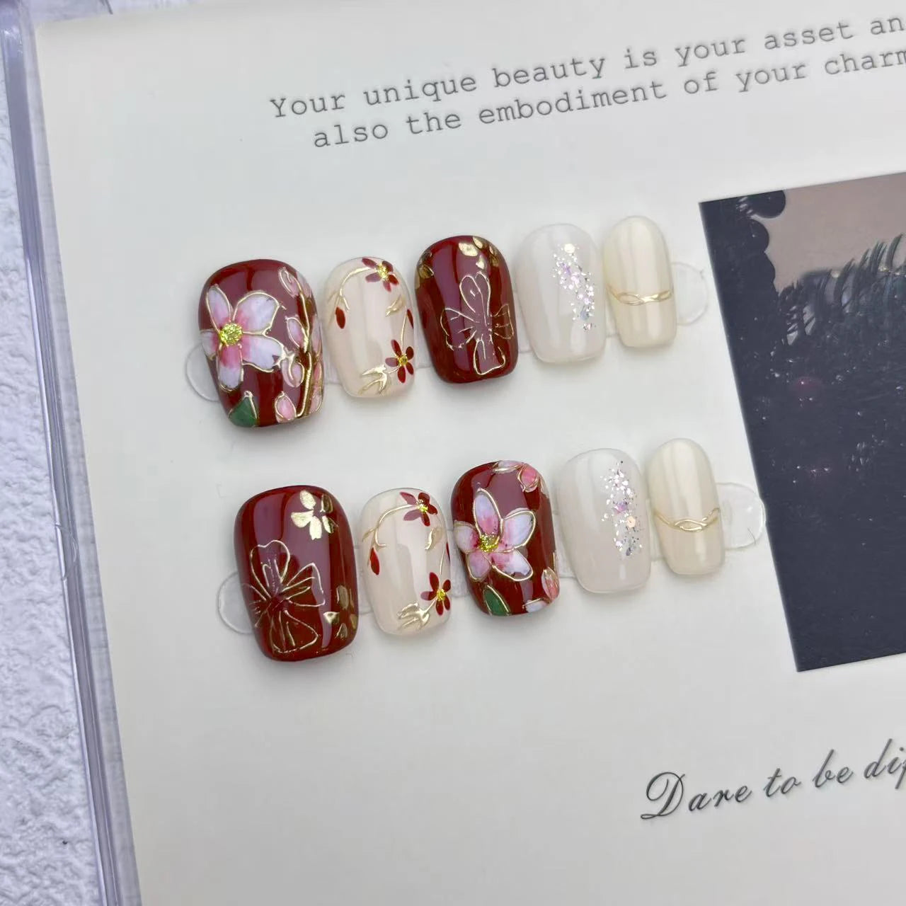 Handmade Press on Nails Color Blending Golden False Nails Square Head Girl Press on Nail Wearable Detachable Nail Tips 10pcs