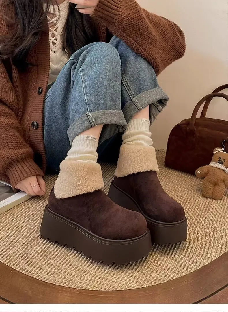 fashion new versatile fur thick soled short boots snow boots for women with added velvet and thick sponge bottom cotton shoes