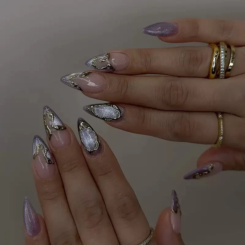 24Pcs Simple Dark Green Long 3D Press on Almond False Nails Wearable Finished Fingernails Nail Art