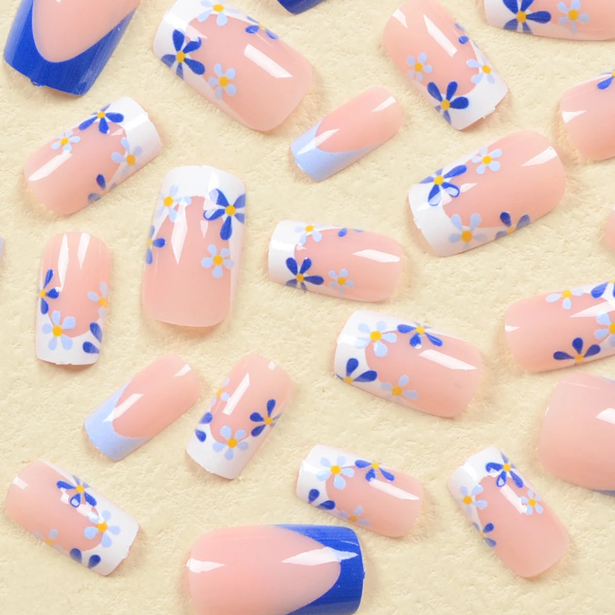 24pcs Set Of Medium Square Press-On Nails - Blue & White French Tip With Cute Floral Design, Glossy Finish - Perfect For Hands