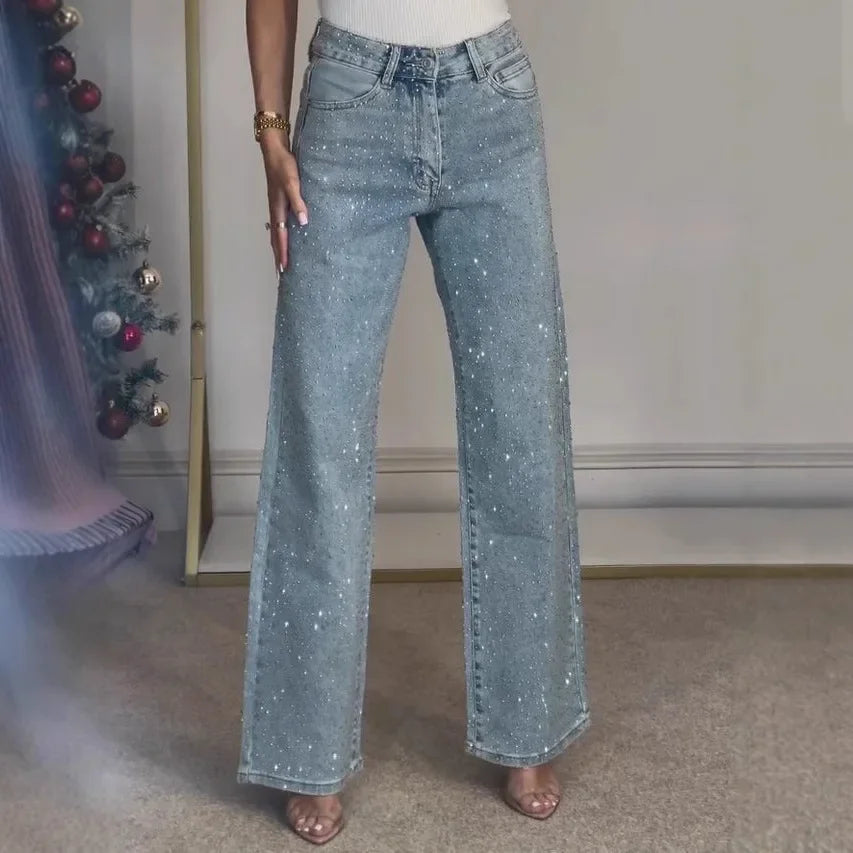 Jeans for Women Straight Diamonds Pants Stretch High Waist Washed Mom Jeans Vintage Denims Streetwear Y2k Streetwear Trousers