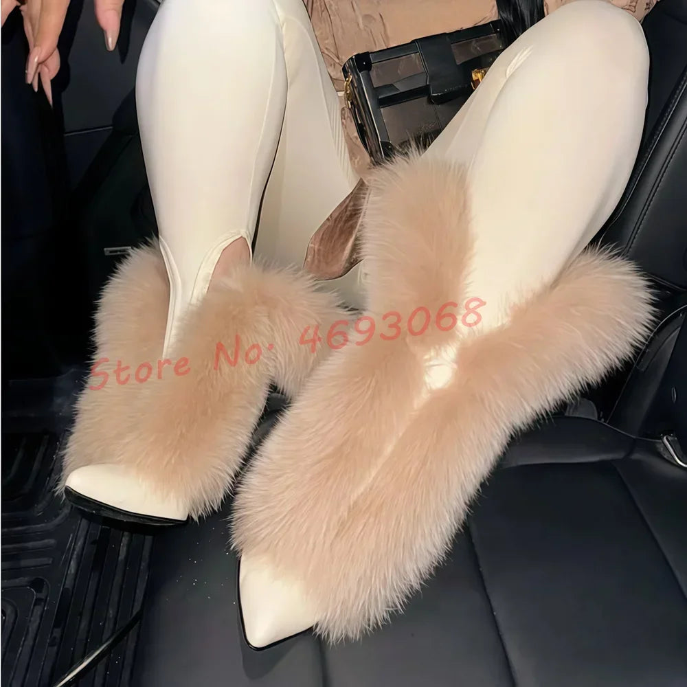Fluff Pointy Women Ankle Boots Newest White Plush Fur High Stiletto Heel Lace-up Short Boots Female Luxury Slip On Fashion Shoes