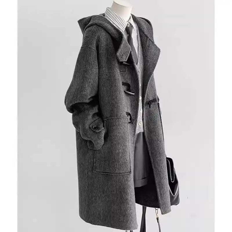 Women Coat 2025 Autumn Winter New Women's Blend Coat Grey Horn Button Hooded Woolen Coat Petite Size Korean Style Wool Jacket