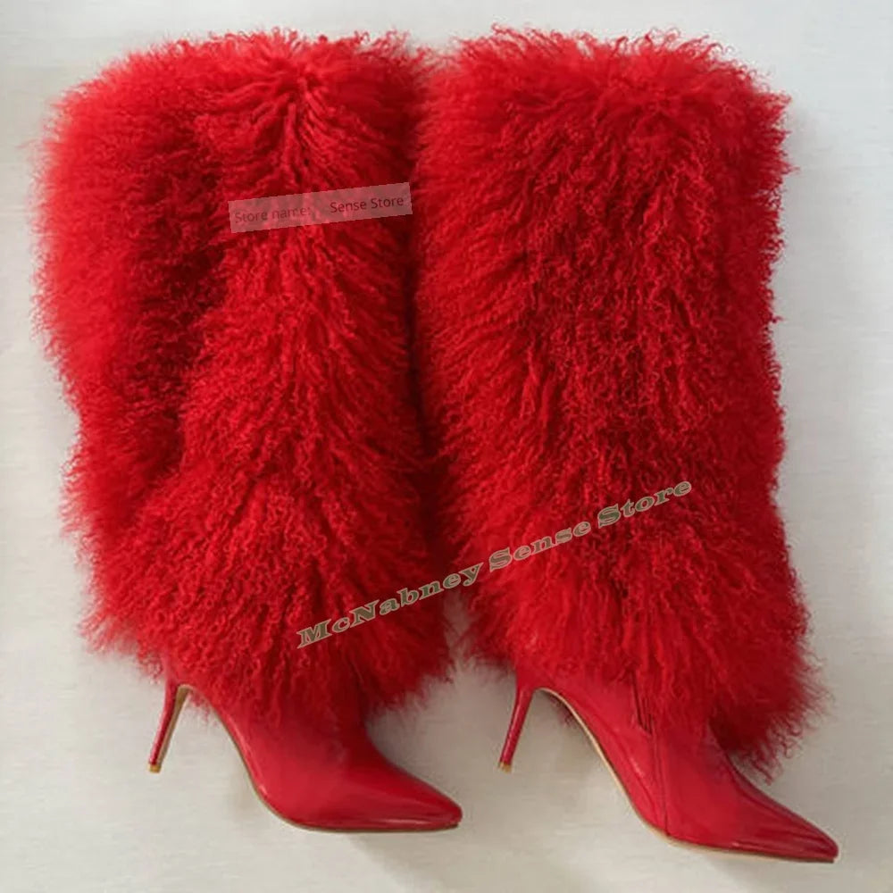 Fur Warm Knee High Boots Pointy Toe Stiletto Heels Solid Boots Women Sexy Shoes Winter Party Designer New Style Shoes Slip On
