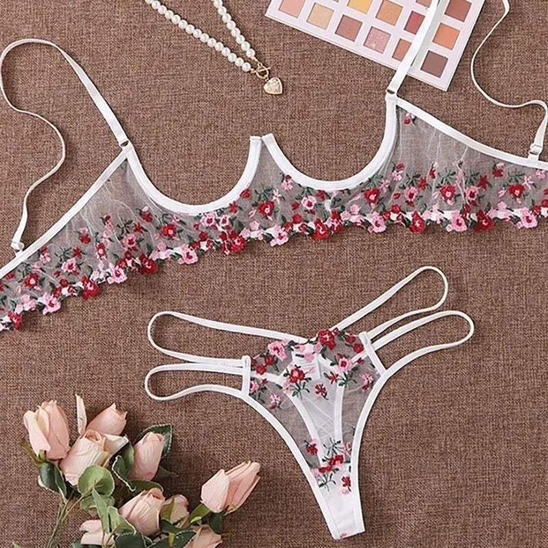 Sexy Underwire Set Floral Lace Sheer Lingerie See The Through Mesh Push Up Breathest Embroidered Bra Panties 2 Pcs Set