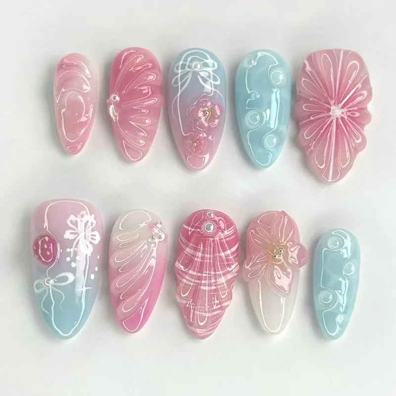 24Pcs Mid-length Almond Press on False Nails 3D Ripple Flower Design Full Cover Nails Tips Bow Strawberry Detachable Fake Nails