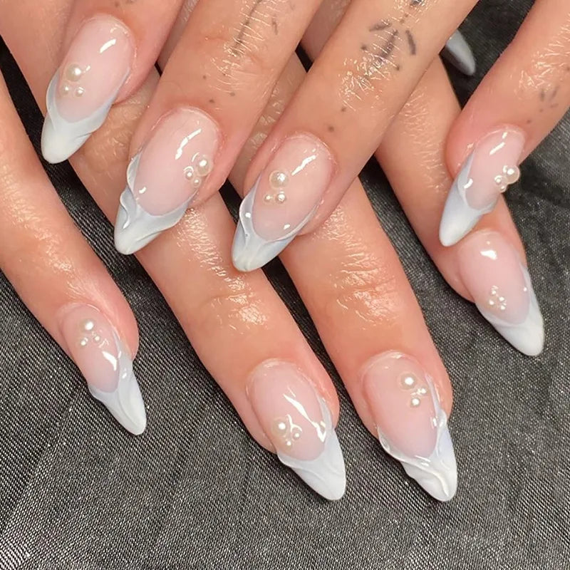 24Pcs Long 3D French Press on Fake Nails Blue Shell Design False Nails with White Pearl Wearable Almond Full Cover Nail Art Tips