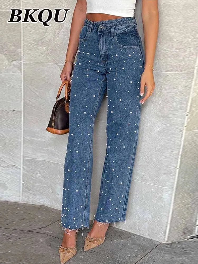 BKQU Elegant Spliced Pearl Jeans Woman Irregular High Waist Casual Loose Straight Trousers Y2k Streetwear Chic Trendy Denim Pant
