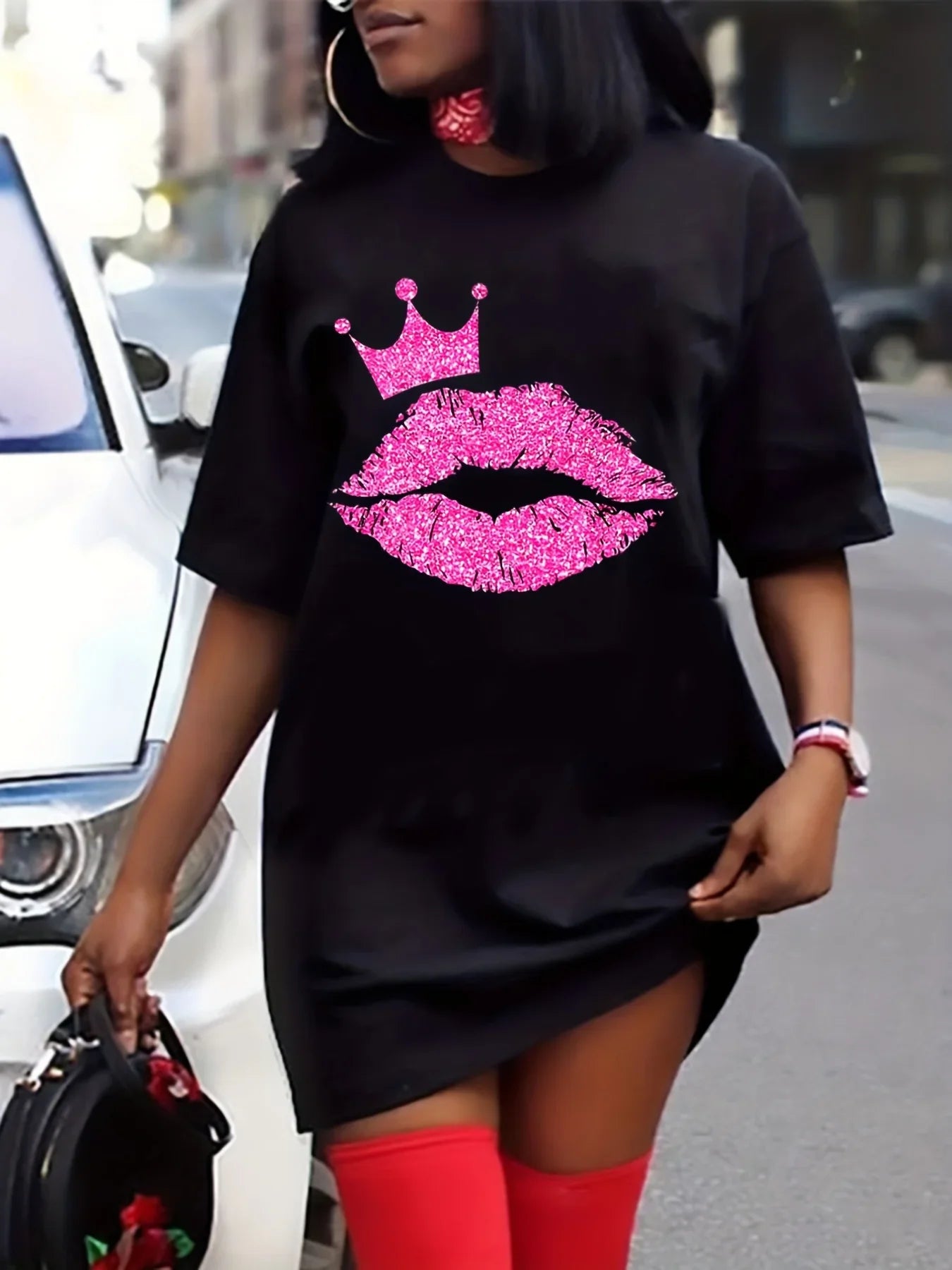 Plus Size Lip & Crown Print Tee Dress
