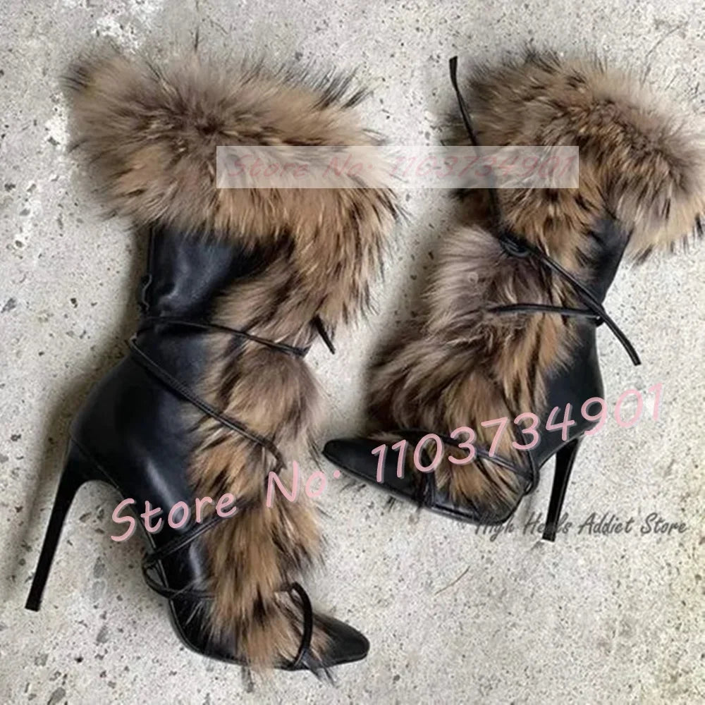Real Fur Strap Mid Calf Boots Women Sexy Pointed Toe Lace-up Cross Strap High Heels Shoes Lady Big Size Party Street Style Boots