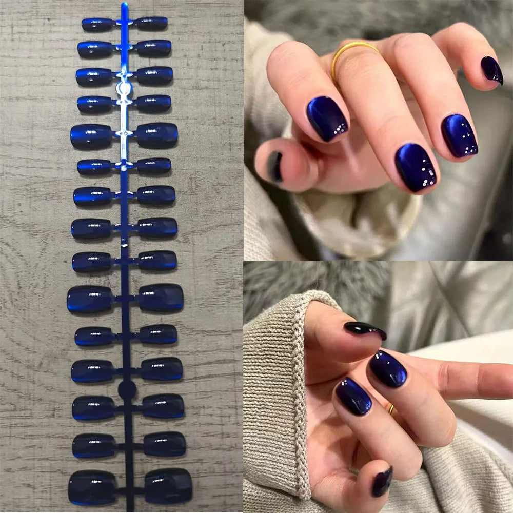 30Pcs Blue Cat eye Wearable Press on Nails Short Square Full Cover False Nails Artificial Ballet Reusable Fake Nails for Women