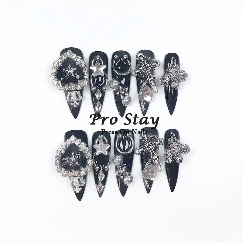 10pcs black Handmade Press On Nails With Purple Large Diamonds and Metal Decoration Y2k Hot Girls Wearable Artificial False Nail