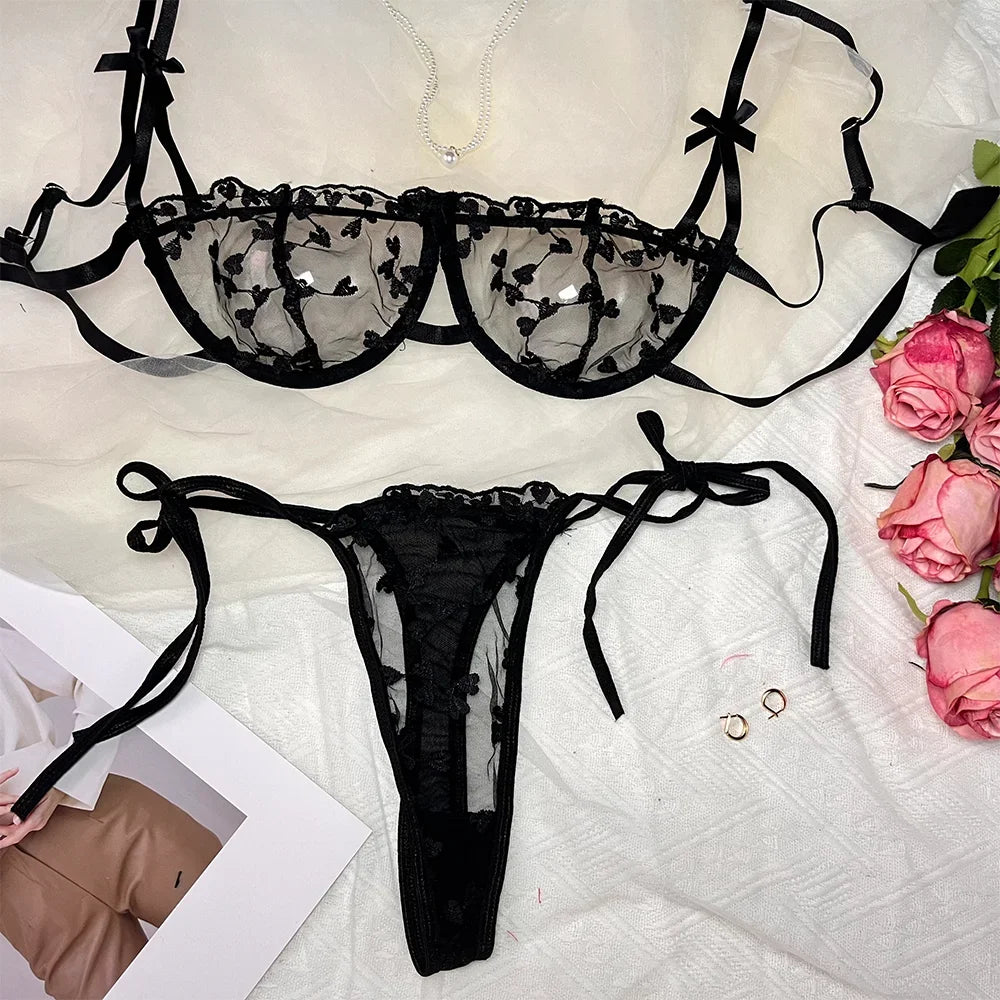 Erotic Lingerie Set Floral Embroidery Semi Sheer Lingerie Set, Intimates Bra & Thong, Women's Sexy Lingerie & Underwear