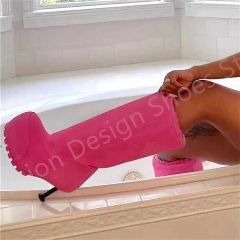 Long Plush Warm Winter Boots Fur For Women Or Men Metal Thin High Heels Knee High Height Increasing Shoes Woman Snow Boots 42 43