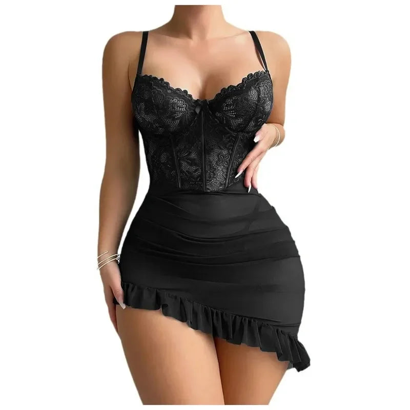 Transparent Underwire Bra Erotic Set Sexy Fairy Lingerie Women's See Through Lace Nightdress Pajamas Sets Delicate Sexy Nighty