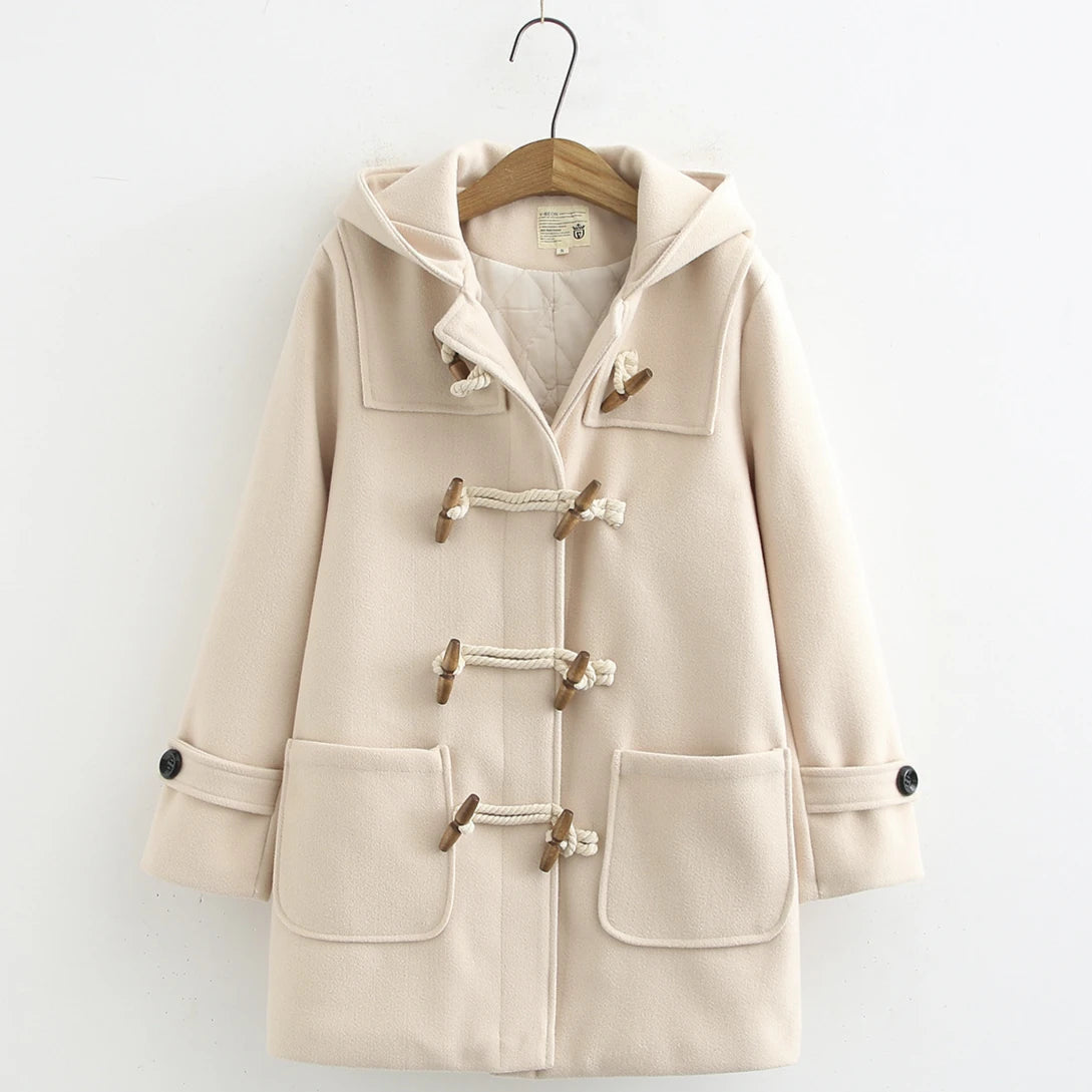 Wool Coat Women Jackets Coats Blends Hooded Horn Button Full Sleeve Thick Casual Y2k Streetwear Elegant Spring Autumn Warm