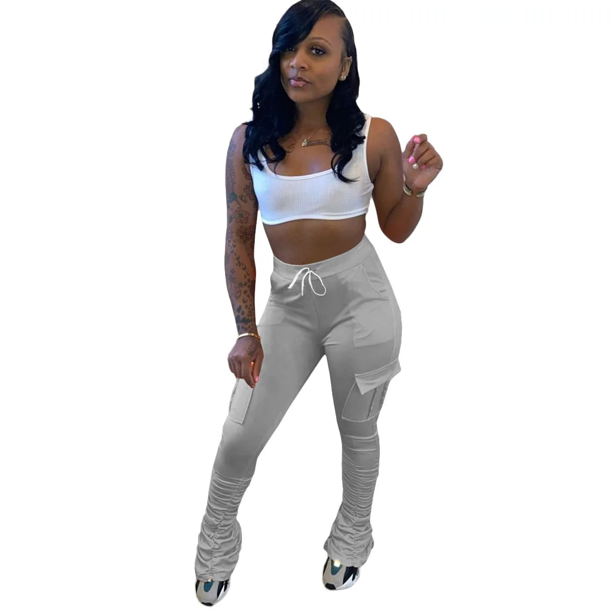 FAGADOER New Women Leggings Sweatpants Casual Solid High Waist Flare Stacked Pants Pockets Drawstring Reched Trousers Streetwear