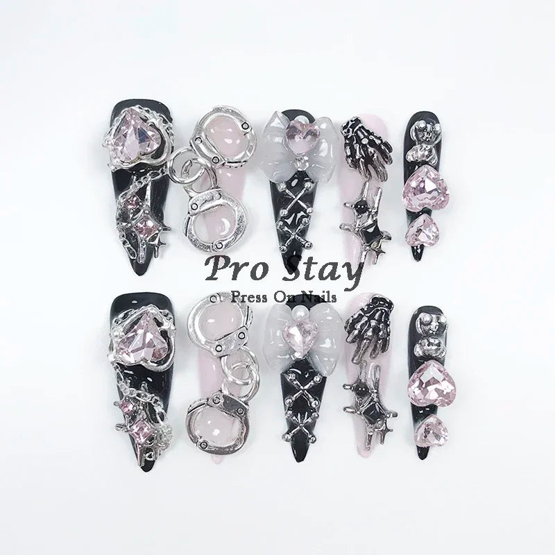 10pcs black Handmade Press On Nails With Purple Large Diamonds and Metal Decoration Y2k Hot Girls Wearable Artificial False Nail