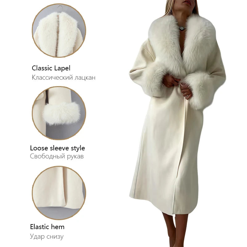 Women's elegant cream-colored long wool coat with faux fur collar and cuffs, featuring a self-tie belt for a stylish winter look