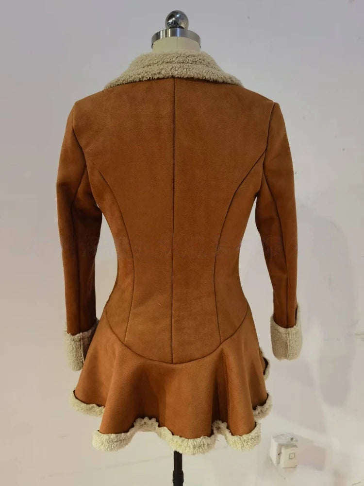 Women's Suede Fur Collar Coat Western Plush Autumn And Winter Fashionable Warm Coat Outdoor Windproof Slim Fit Windbreaker