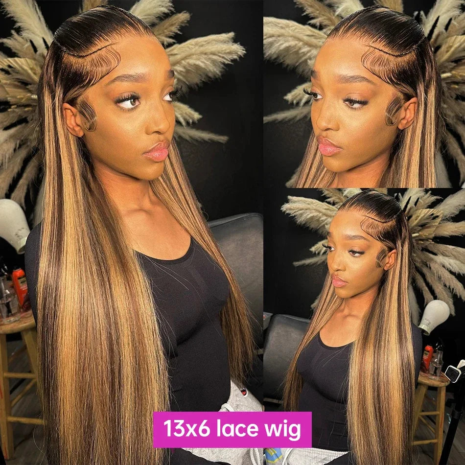 Highlight Straight Human Hair Wigs Brazilian Honey Brown Colored 13x4 Lace Front Wigs Preplucked 13X6 Lace Frontal Wigs 4x4 5x5