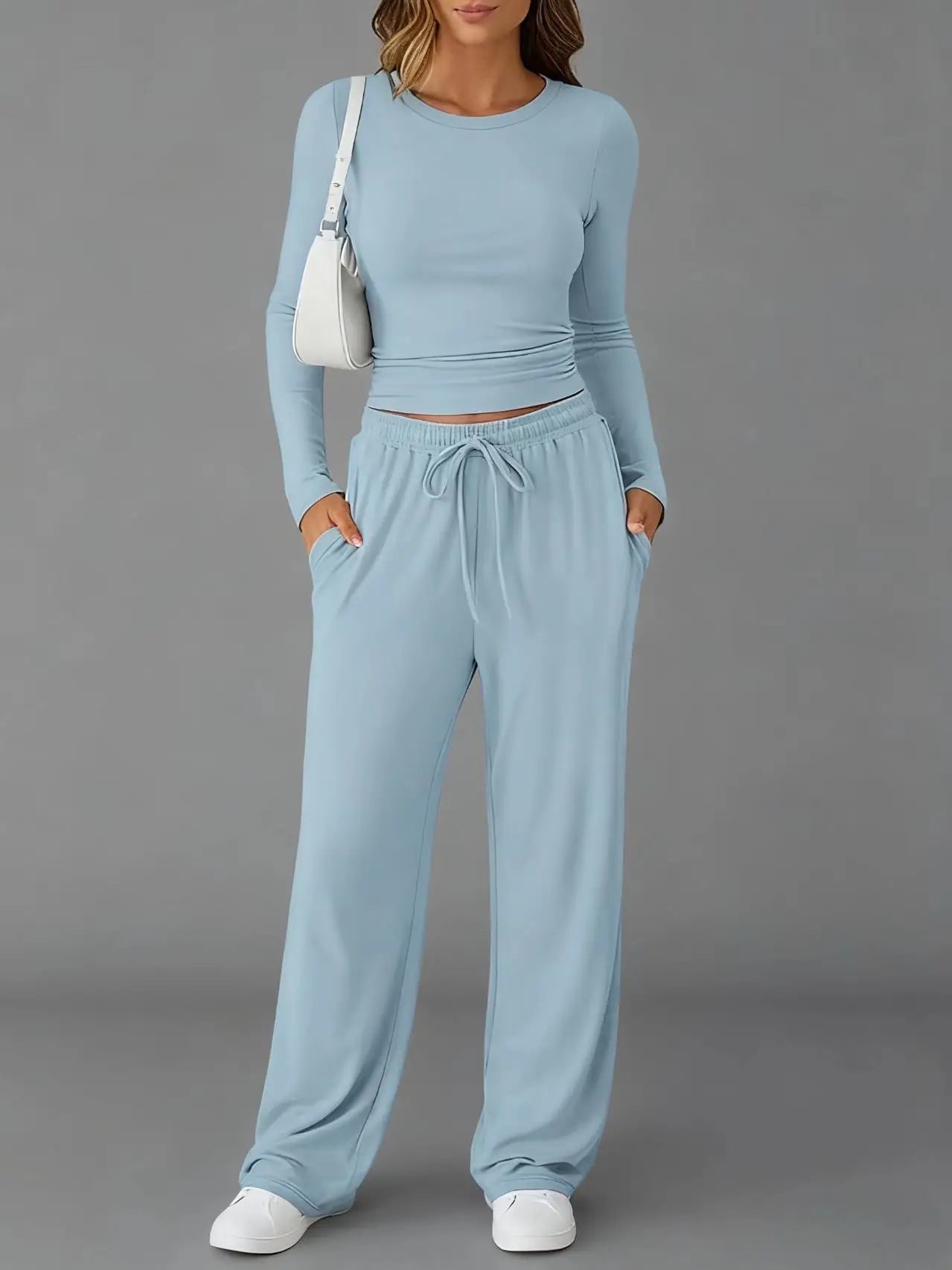 Women's Clothing European American Fashion Casual Sports Autumn Winter Solid Color Drawstring Long-sleeved Suit Pant Sets