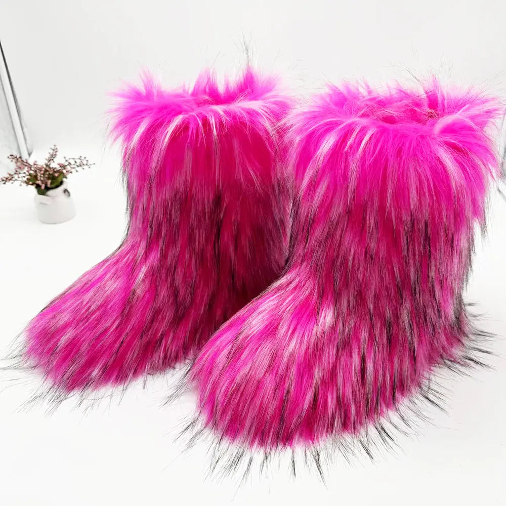 New Winter Faux Fur Onepiece Raccoon Fur Female Snow Boots Fur Shoes Outdoor Mid Leg Boots