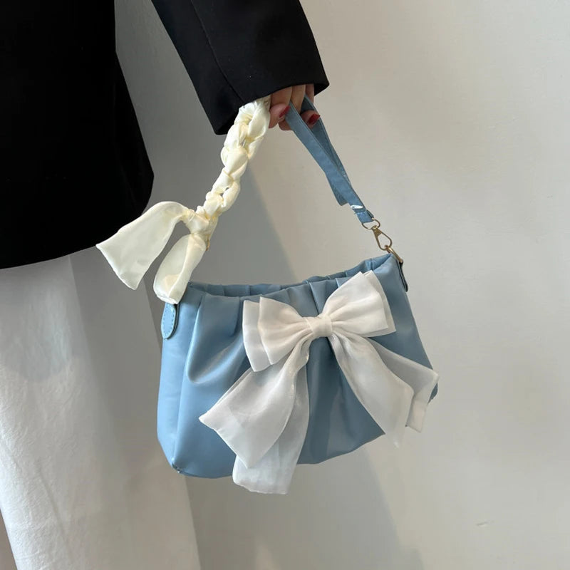 Lovely Bow Handbags for Girls Ladies Fashion Pleated Shoulder Bags for Women Simple Design Female Underarm Bag Casual Tote Purse