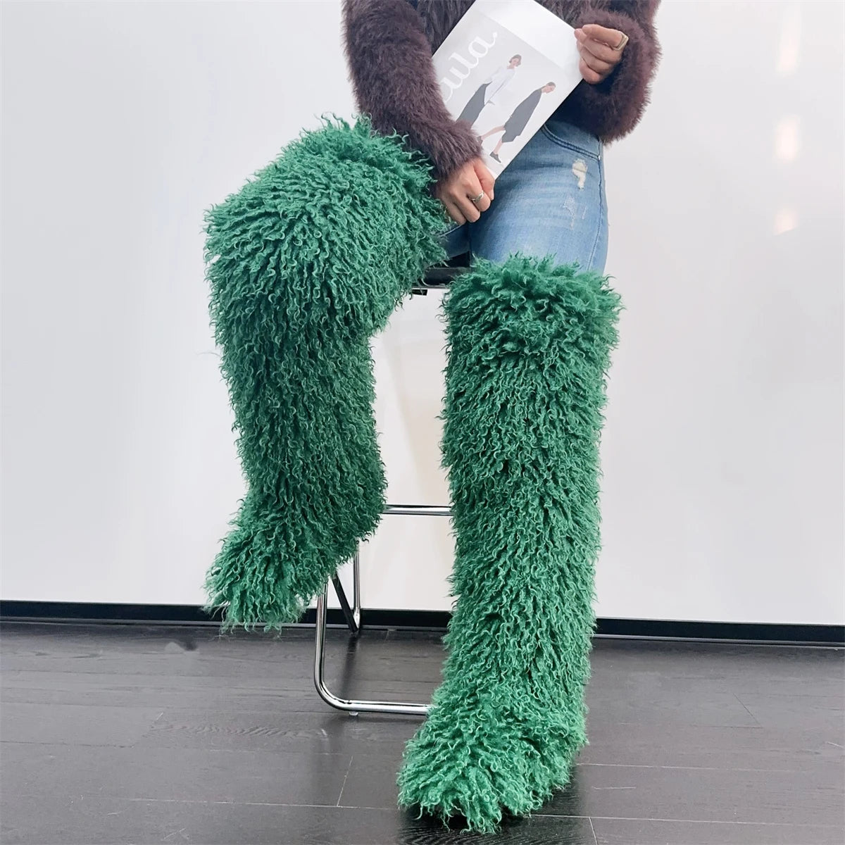 Over The Knee  Thigh High Mongolian Fur Boots Faux Tall Boots for Women