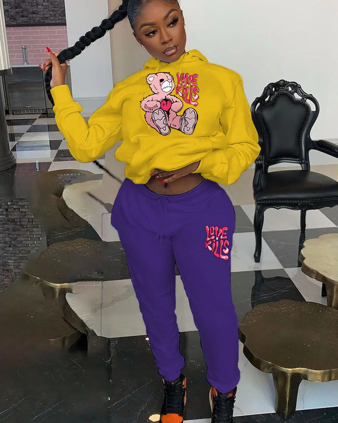 Women's Hoodies Sets Pants Suit 2 Piece Outfits 2025 New Letter Print Bear Aesthetics Sweatshirt and Sweatpants Womens Tracksuit