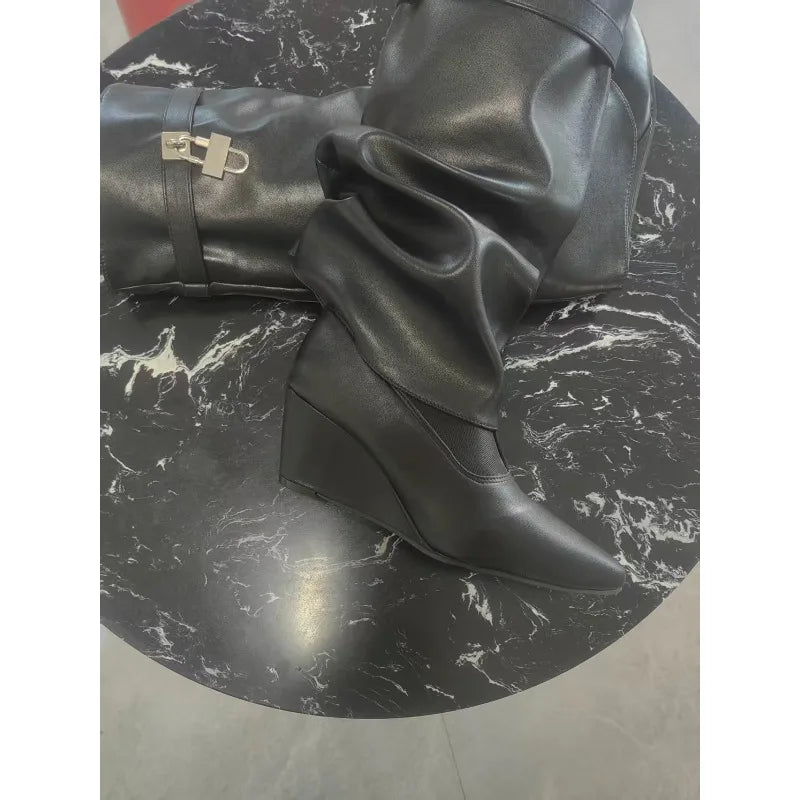 8cm Heel Wedges Soft Leather Pointed Toe Knee High Boots Women 2025 Autumn Fashion Shoes Street Style Mordern Long Botas Mujer
