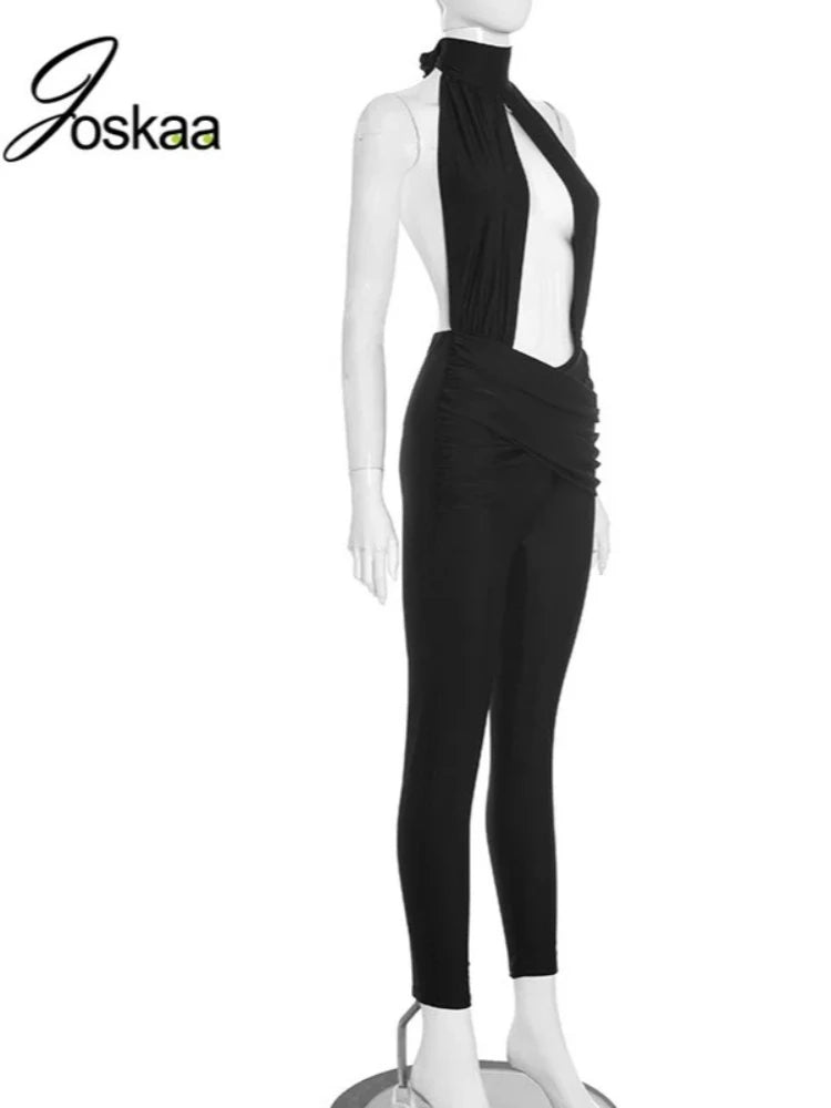Joskaa Halter Skinny Rompers Midnight Clubwear Backless Jumpsuit Woman Sexy Hollow Fit Patchwork Waist Ruched Y2k Streetwear