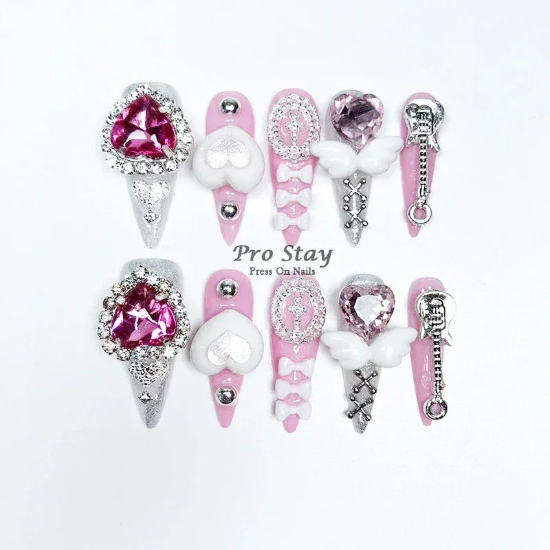 10pcs black Handmade Press On Nails With Purple Large Diamonds and Metal Decoration Y2k Hot Girls Wearable Artificial False Nail