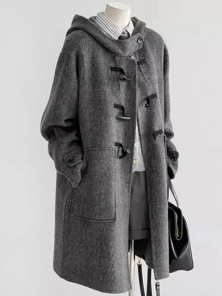 Women Coat 2025 Autumn Winter New Women's Blend Coat Grey Horn Button Hooded Woolen Coat Petite Size Korean Style Wool Jacket