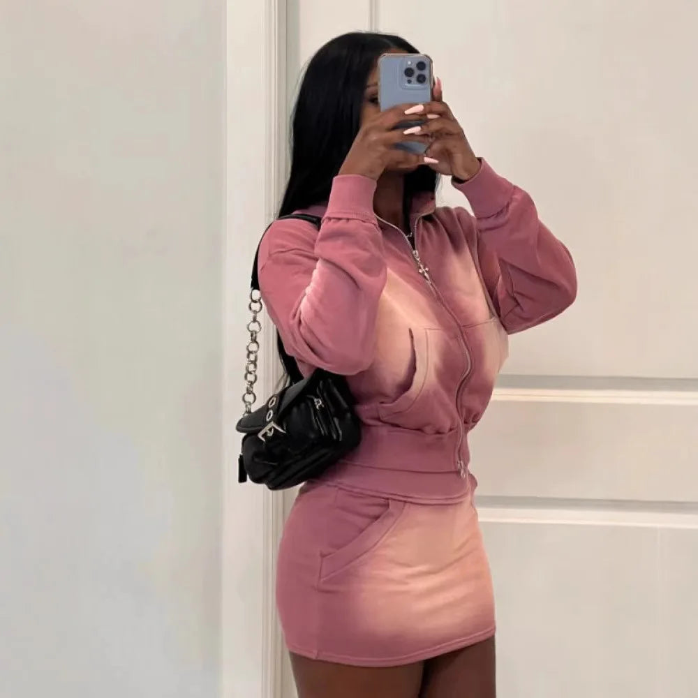 Fashion Washed Hoodie Set Women Outfit Casual Pocket Long Sleeve Zip up Crop Top Mini Skirt Suit Streetwear Fall 2 Piece Sets