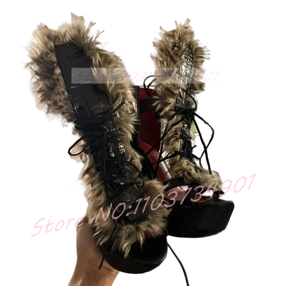 Open Toe Fur Sandals Women Cross Strap Platform Stone Pattern Lace-up Stiletto High Heels Shoes Female Party Sexy Luxury Sandals