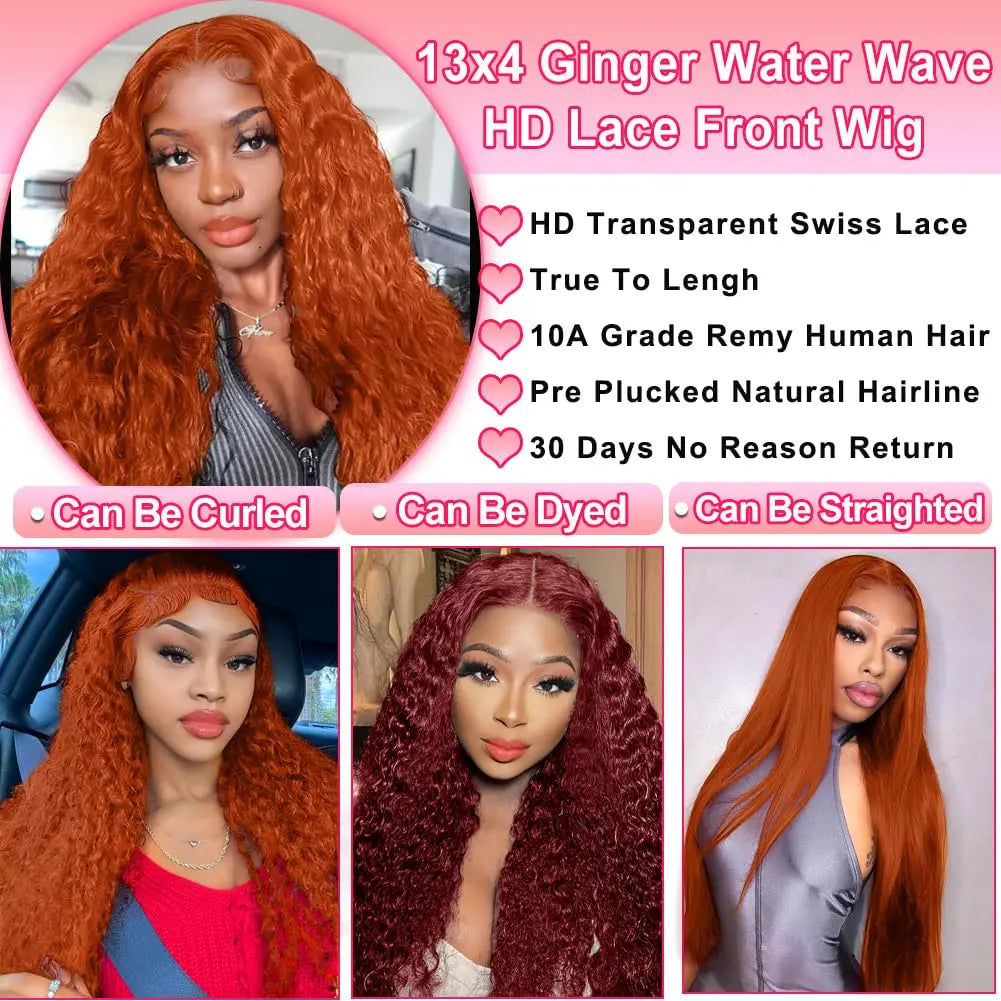 Curly Human Hair Wigs 200% Density #350 Ginger Deep Wave 13x6 HD Lace Frontal Human Hair Wigs Pre Plucked For Women Brazilian