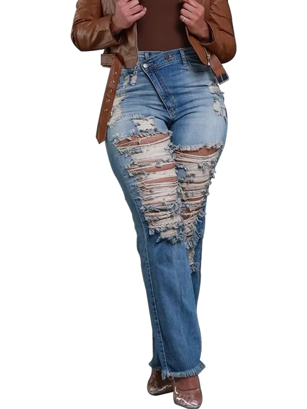 Jeans Ankle Length Women Pencil Denim Hole Pants Ripped Pockets High Waist Jean Skinny Streetwear Button Washed Distressed