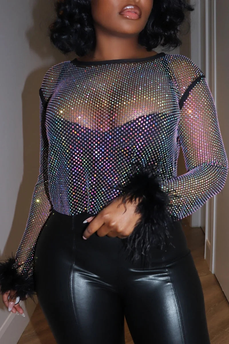 Plus Size Feather Sleeve Sequin Mesh Crop Top
