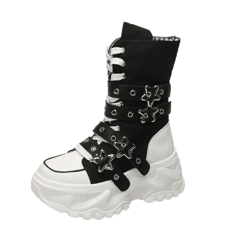 Single Boots Autumn New Round Toe Front Lace-Up Platform Non-Slip Mid-Tubular Boots Size Up To 42