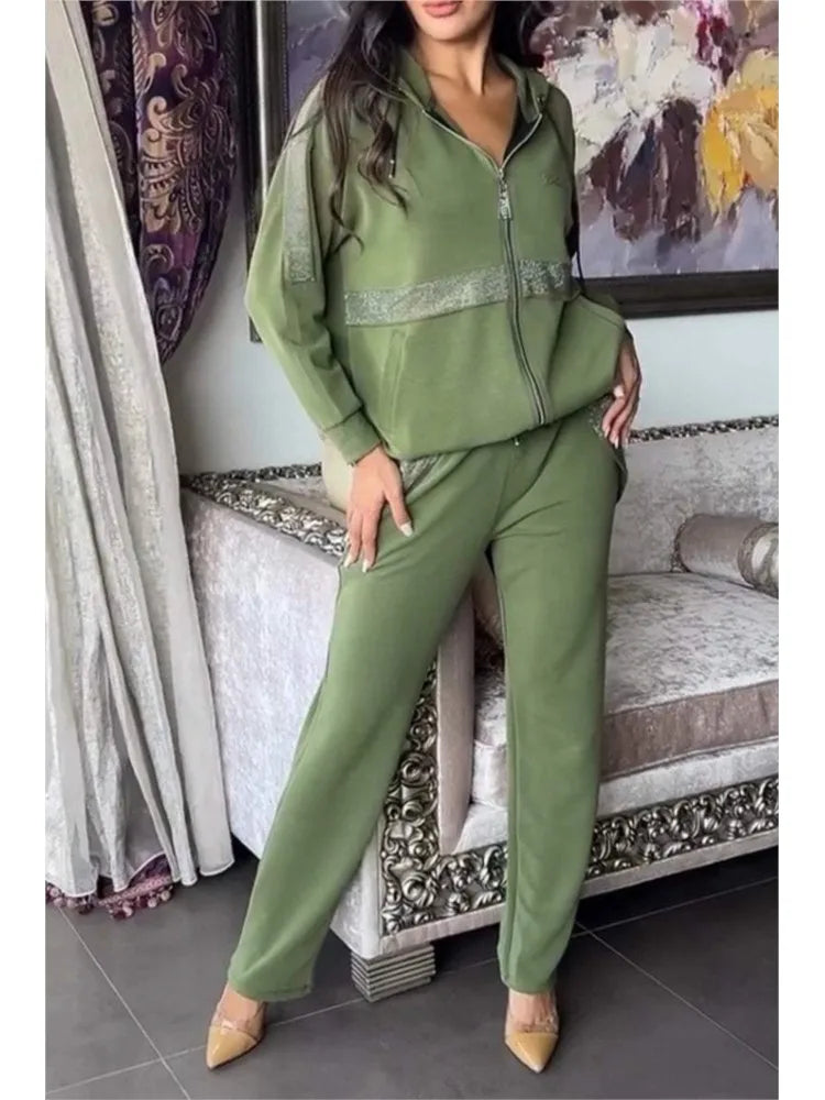 Autumn Winter Long Sleeved Hoodie Pants Women 2 Piece Set Fashion Patchwork Zipper Hoodie Casual Pocket Pants Sports Suit Female