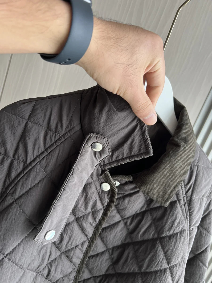 Women's Quilted Jacket with Padded Lining Model ETJ 2025 - Casual and Simple Diamond Quilted Short Puffer Jacket with Collar