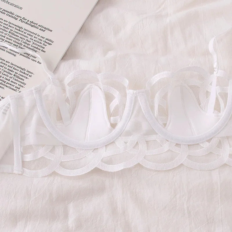 Sexy thin lace bra women underwear thong set transparent large breasts show small embroidered underwiren push up lingerie