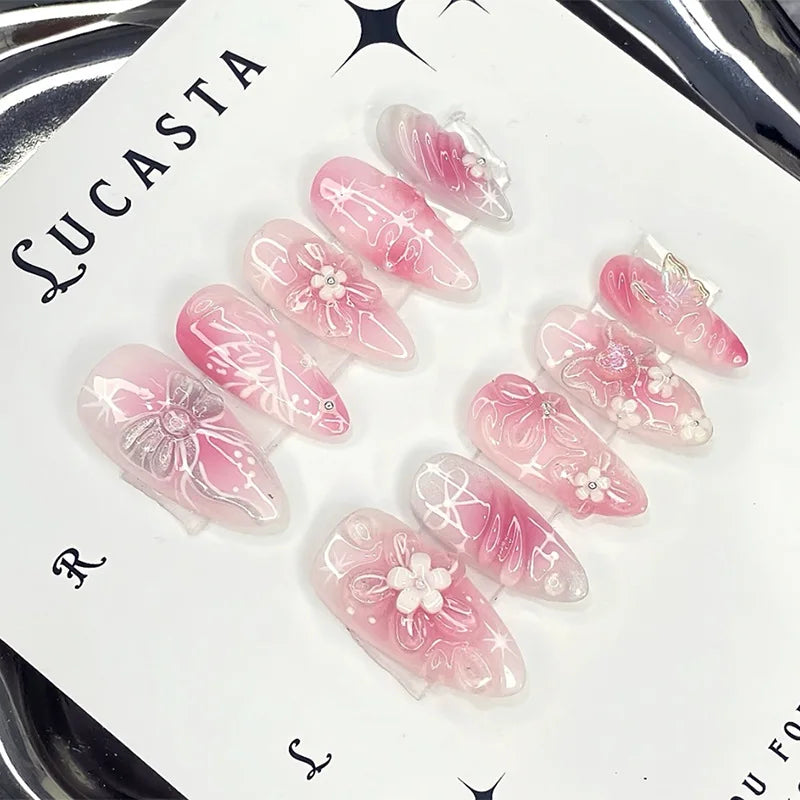 24Pcs Mid-length Almond Press on False Nails 3D Ripple Flower Design Full Cover Nails Tips Bow Strawberry Detachable Fake Nails